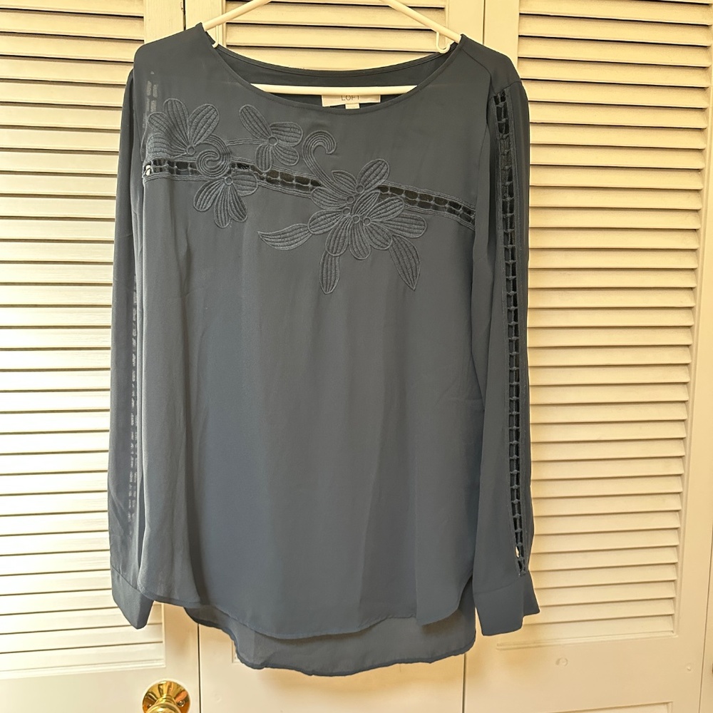 Loft Long Sleeve Navy Blue Blouse Embellished Front and Sleeves Large